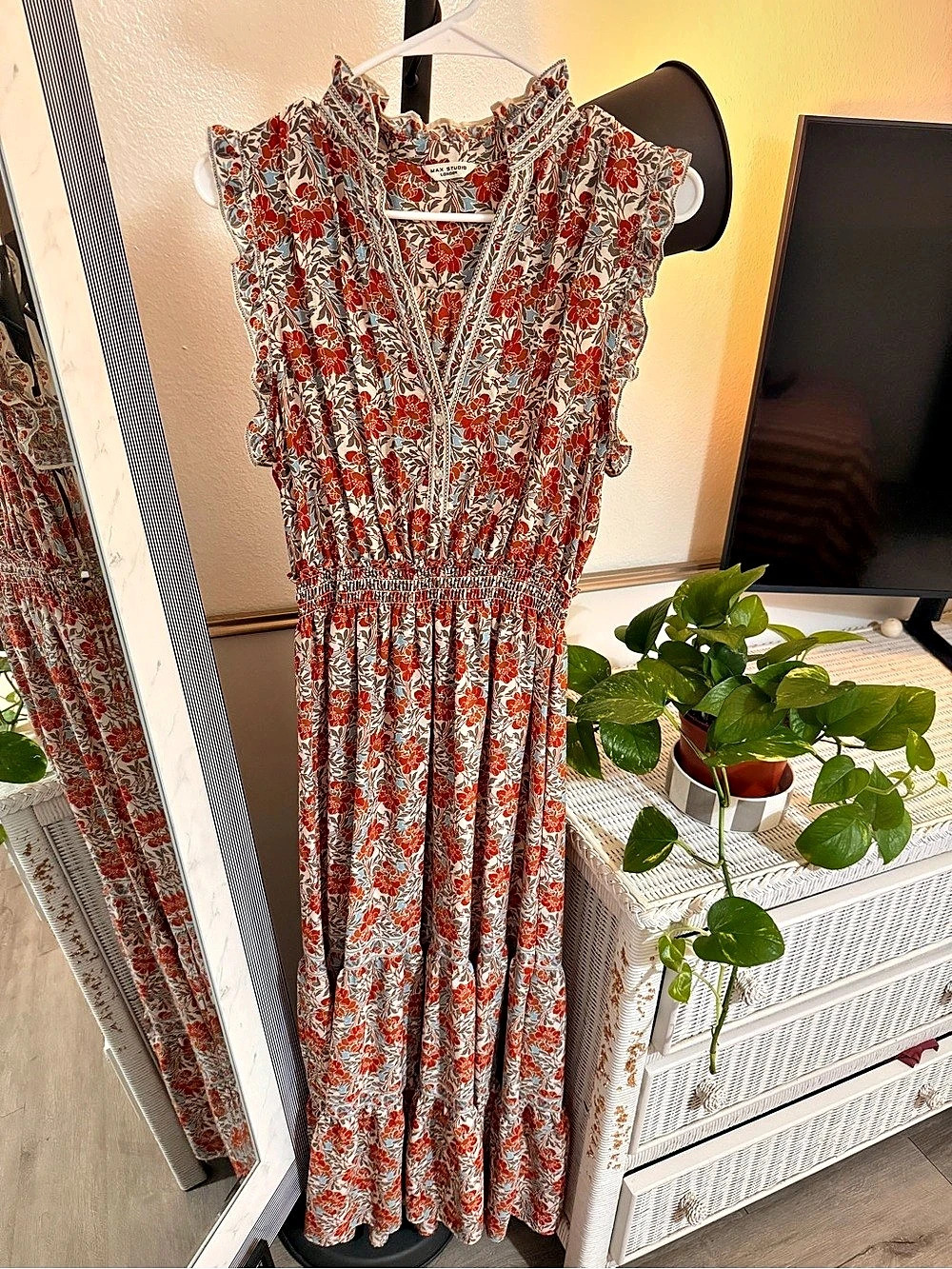 Max Studio Ruffle Collar Print Tiered Maxi Dress Red & White